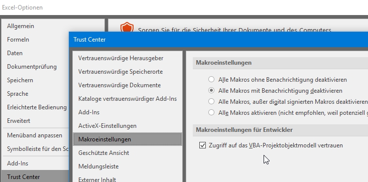 Trust Center: Zugriff auf das VBA-Projektmodell vertrauen